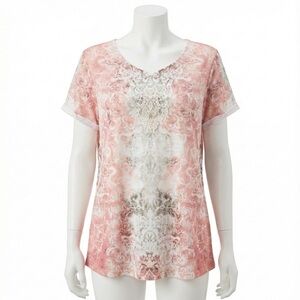 Time And Tru Pink Blush Damask Print Crochet Lace Yoke Short Sleeve Top Size XL